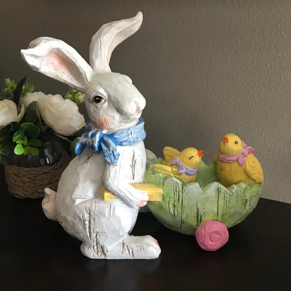 Regency International "Resin Bunny with Egg Cart & Chick" (10" w x 9" t x 4" d)
